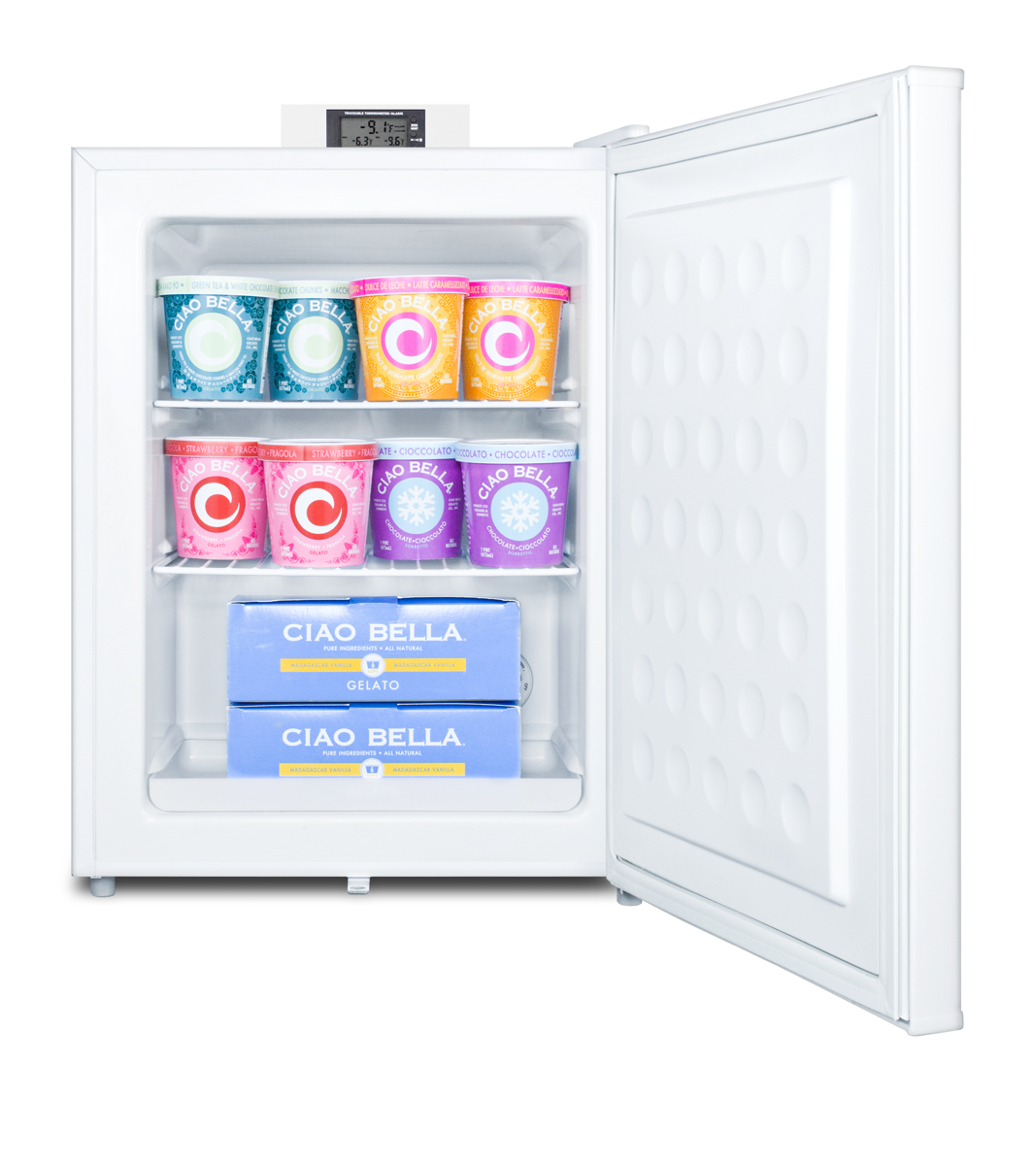 Commercially approved Nutrition Center series compact all-freezer in white with front lock and NIST calibrated digital temperature display